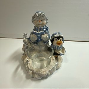 Snowman and Penguin holiday winter blue silver votive candle holder